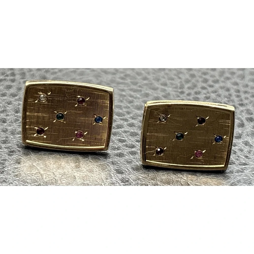 Vintage 12K Gold Filled Cufflinks Multicolor Rhinestone Modernist MCM Design